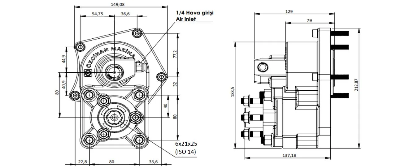 CTM 081 AC2 PTO teknik çizimi — kesit, ölçü ve montaj şeması