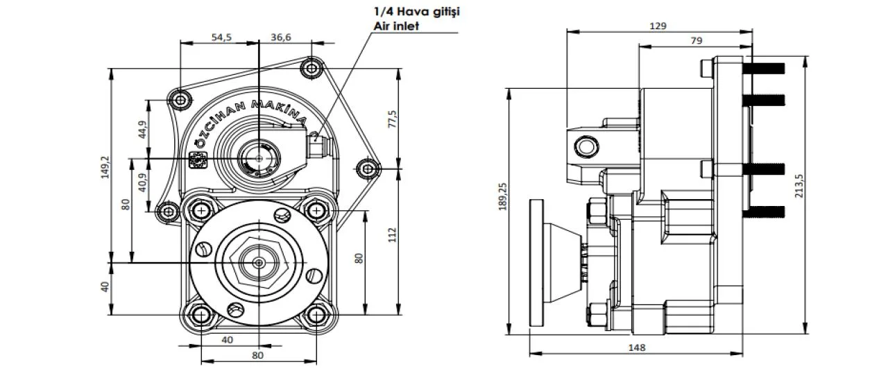 CTM 081 AD1 PTO teknik çizimi — kesit, ölçü ve montaj şeması
