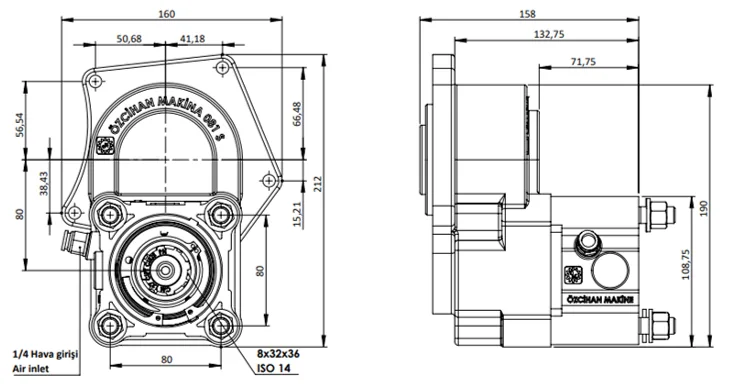 CTM 081 AE S PTO teknik çizimi — kesit, ölçü ve montaj şeması