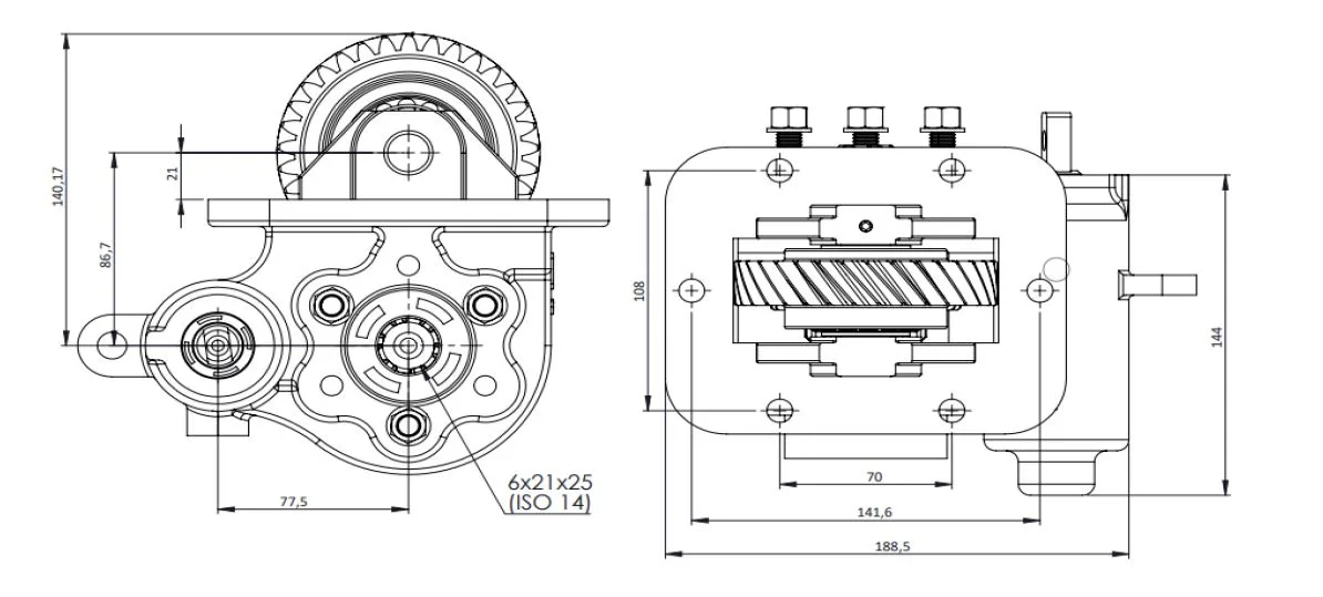 CTM 082 BE PTO teknik çizimi — kesit, ölçü ve montaj şeması