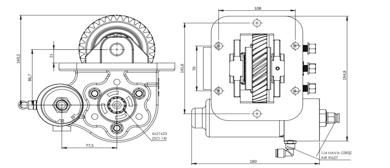 CTM 082 BE KV PTO teknik çizimi — kesit, ölçü ve montaj şeması