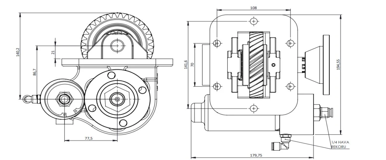 CTM 082 BD PTO teknik çizimi — kesit, ölçü ve montaj şeması