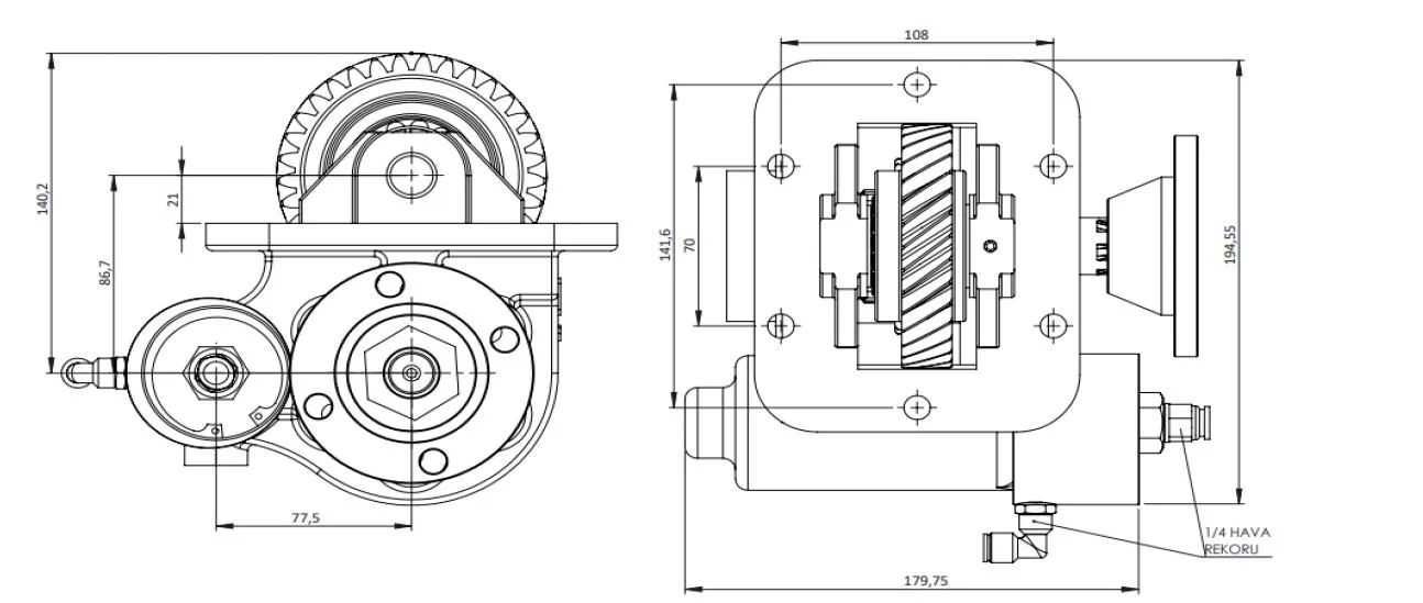 CTM 082 BD KV PTO teknik çizimi — kesit, ölçü ve montaj şeması