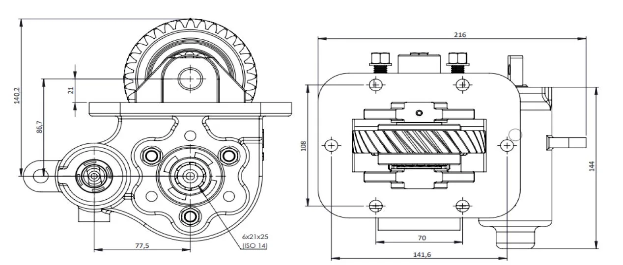 CTM 082 BC2 PTO teknik çizimi — kesit, ölçü ve montaj şeması