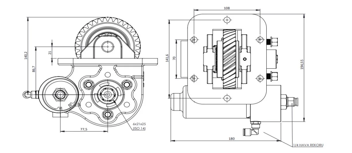 CTM 082 BC2 KV PTO teknik çizimi — kesit, ölçü ve montaj şeması