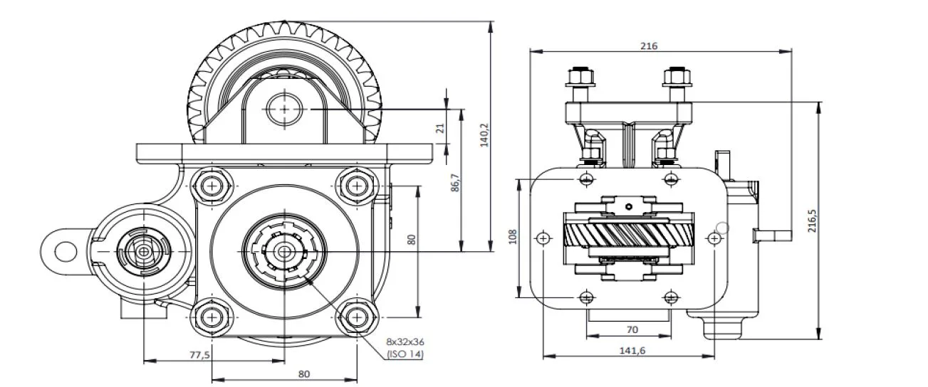 CTM 082 BC1 PTO teknik çizimi — kesit, ölçü ve montaj şeması