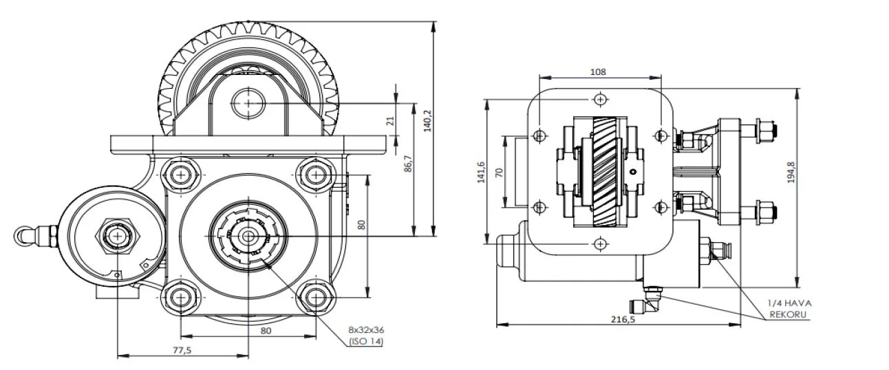 CTM 082 BC1 KV PTO teknik çizimi — kesit, ölçü ve montaj şeması