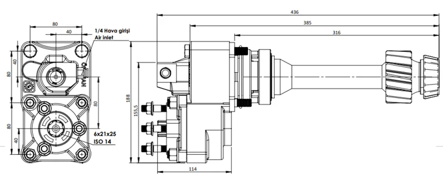 CTM 084 AEF PTO teknik çizimi — kesit, ölçü ve montaj şeması