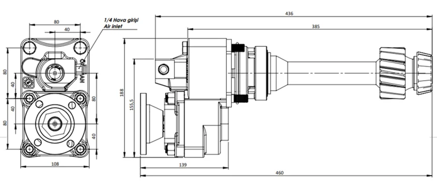 CTM 084 ADF PTO teknik çizimi — kesit, ölçü ve montaj şeması