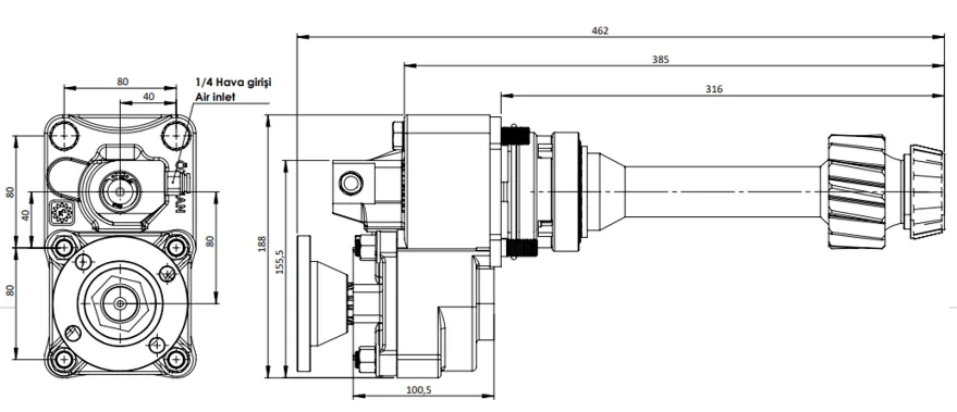 CTM 084 AD1F PTO teknik çizimi — kesit, ölçü ve montaj şeması