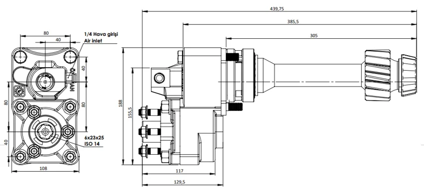 CTM 084 AC2F PTO teknik çizimi — kesit, ölçü ve montaj şeması