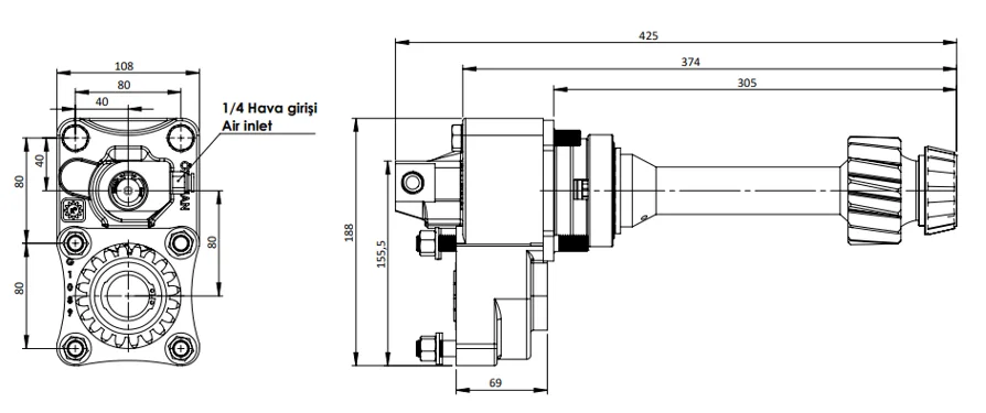 CTM 084 AC1F PTO teknik çizimi — kesit, ölçü ve montaj şeması