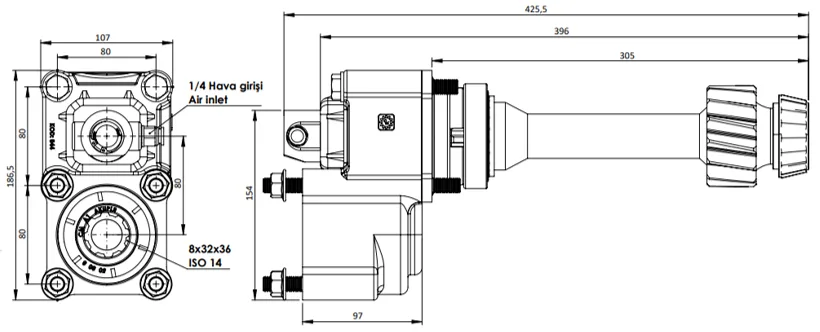 CTM 084 A1F PTO teknik çizimi — kesit, ölçü ve montaj şeması