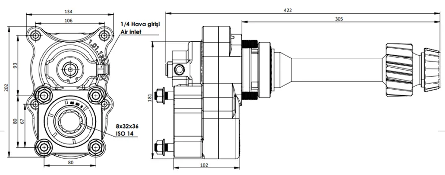CTM 084 A1 4XF PTO teknik çizimi — kesit, ölçü ve montaj şeması