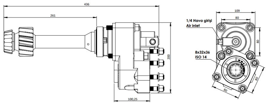 CTM 084 A1 3XF PTO teknik çizimi — kesit, ölçü ve montaj şeması