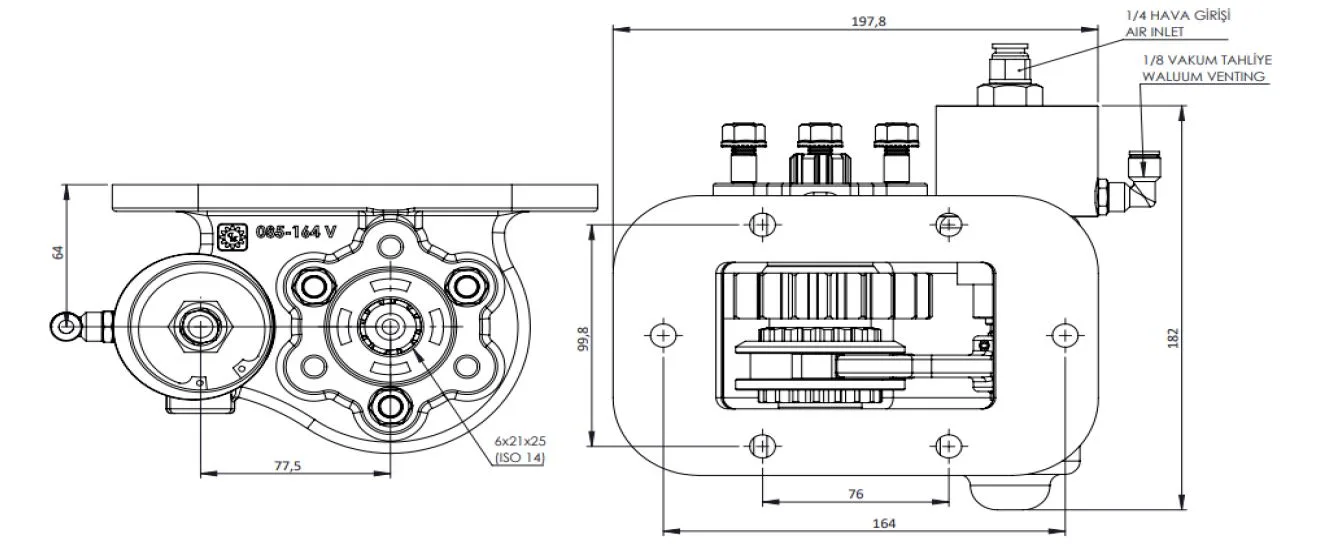 CTM 085 BE KV PTO teknik çizimi — kesit, ölçü ve montaj şeması