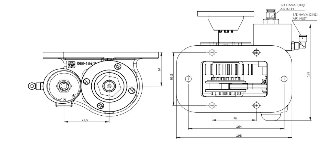 CTM 085 BD KV PTO teknik çizimi — kesit, ölçü ve montaj şeması