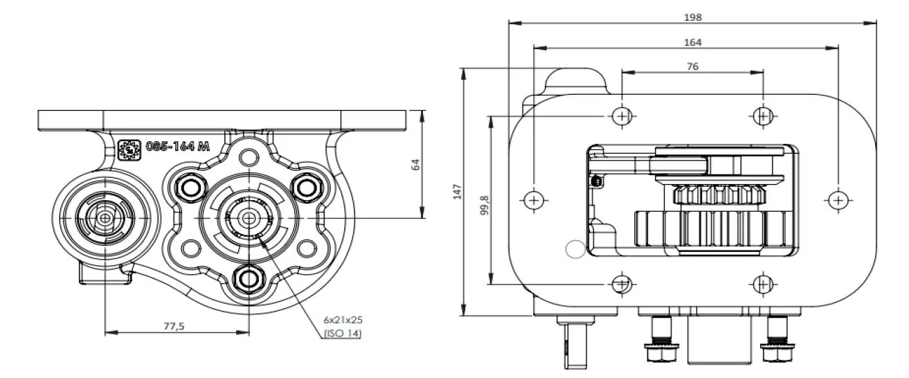 CTM 085 BC2 PTO teknik çizimi — kesit, ölçü ve montaj şeması