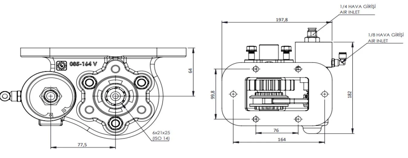 CTM 085 BC2 KV PTO teknik çizimi — kesit, ölçü ve montaj şeması