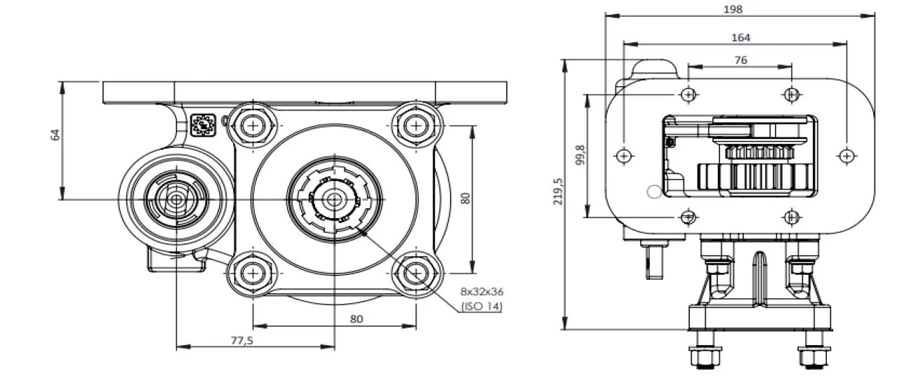 CTM 085 BC1 PTO teknik çizimi — kesit, ölçü ve montaj şeması