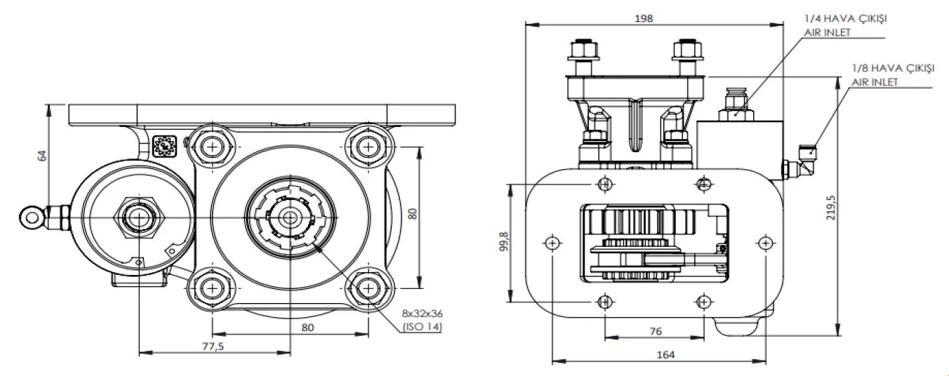 CTM 085 BC1 KV PTO teknik çizimi — kesit, ölçü ve montaj şeması