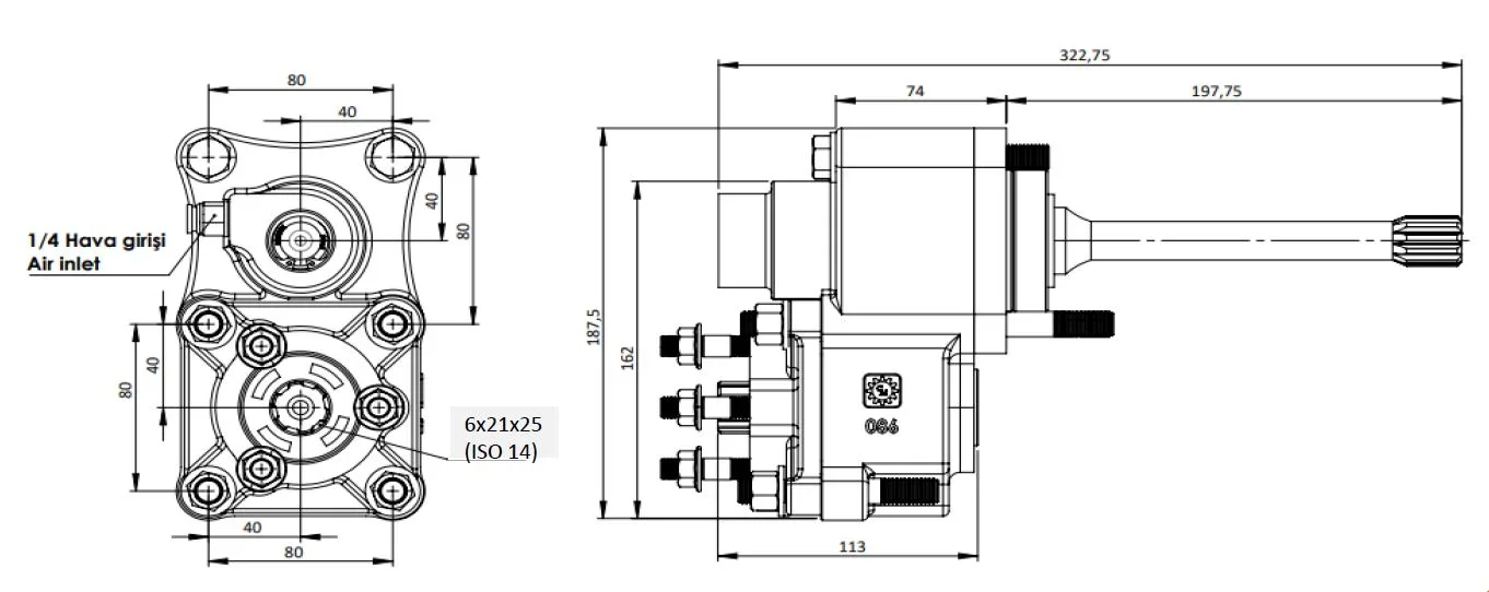 CTM 086 AE PTO teknik çizimi — kesit, ölçü ve montaj şeması