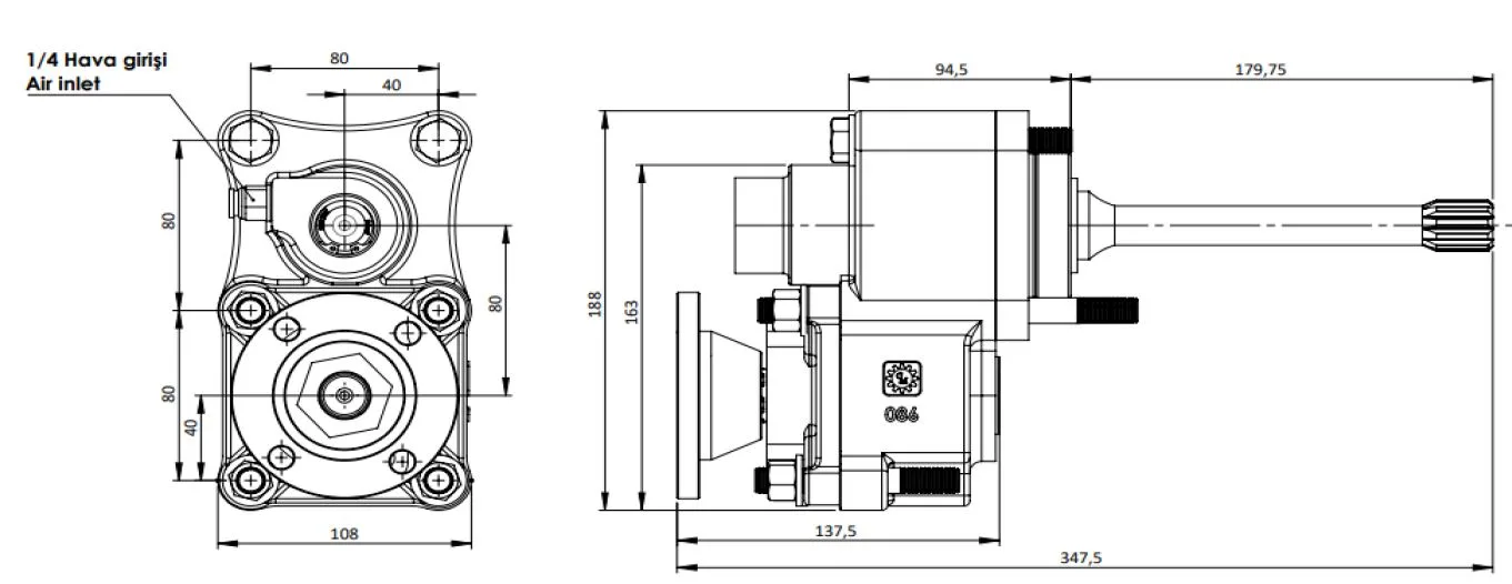 CTM 086 ADF PTO teknik çizimi — kesit, ölçü ve montaj şeması