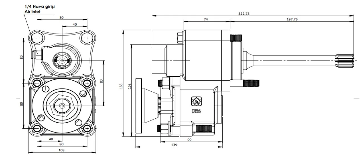CTM 086 AD1F PTO teknik çizimi — kesit, ölçü ve montaj şeması