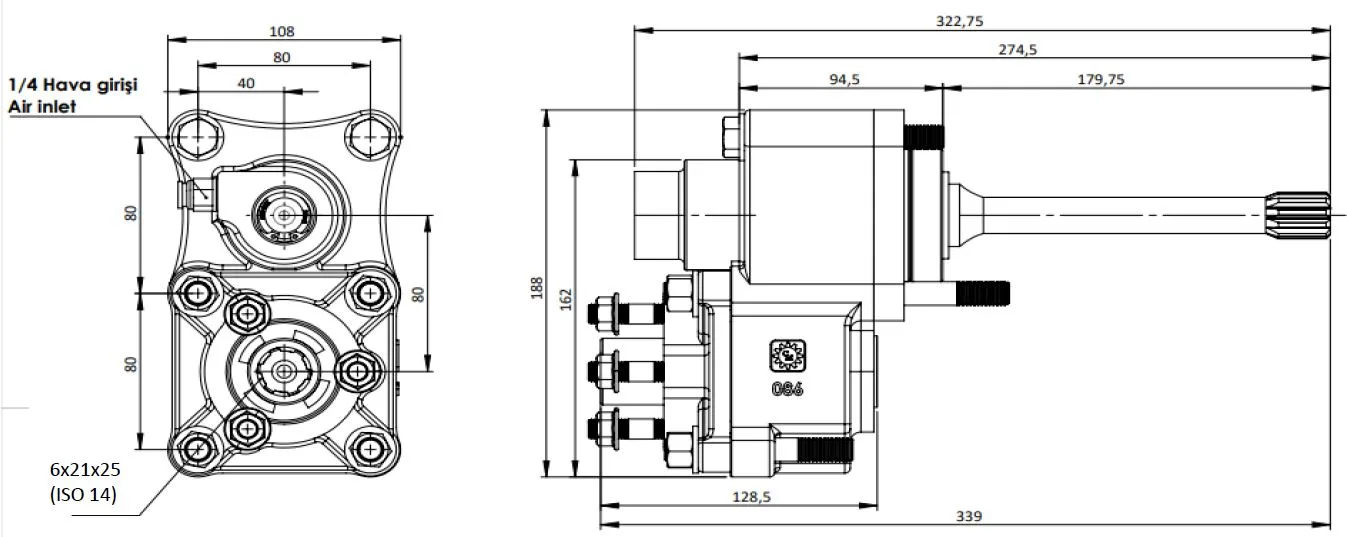 CTM 086 AC2 PTO teknik çizimi — kesit, ölçü ve montaj şeması