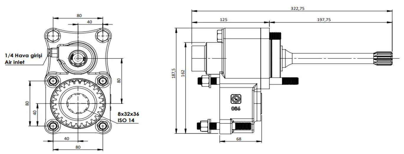 CTM 086 AC1 PTO teknik çizimi — kesit, ölçü ve montaj şeması