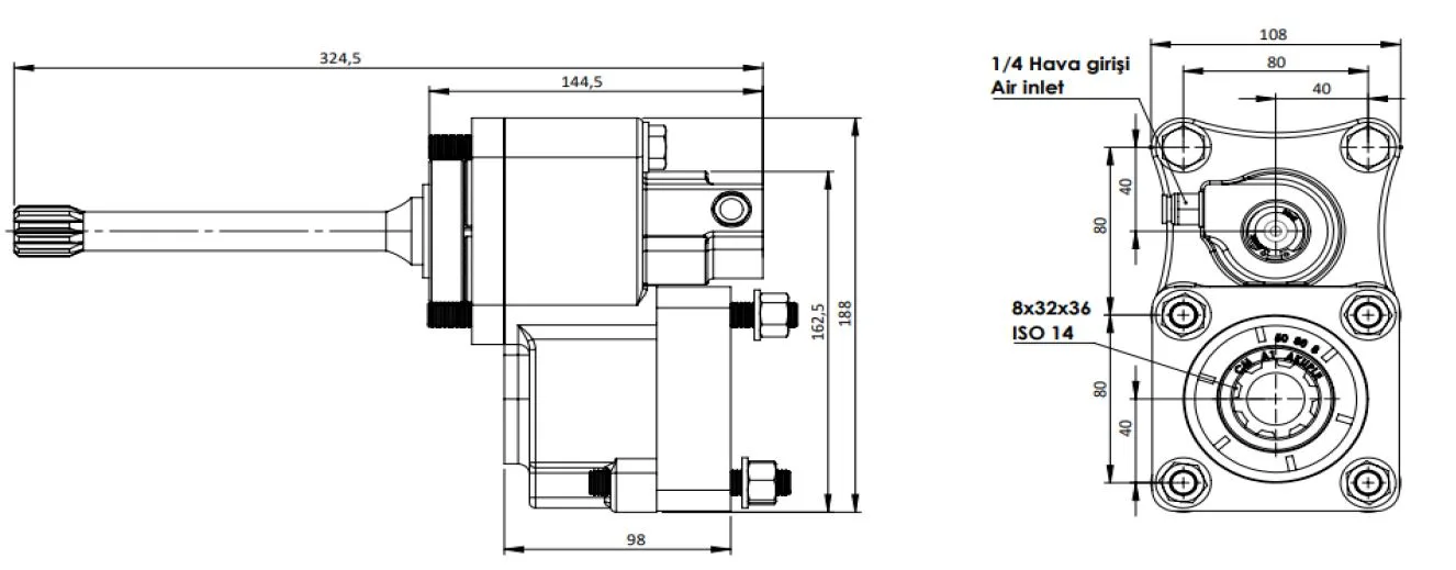 CTM 086 A1FY PTO teknik çizimi — kesit, ölçü ve montaj şeması