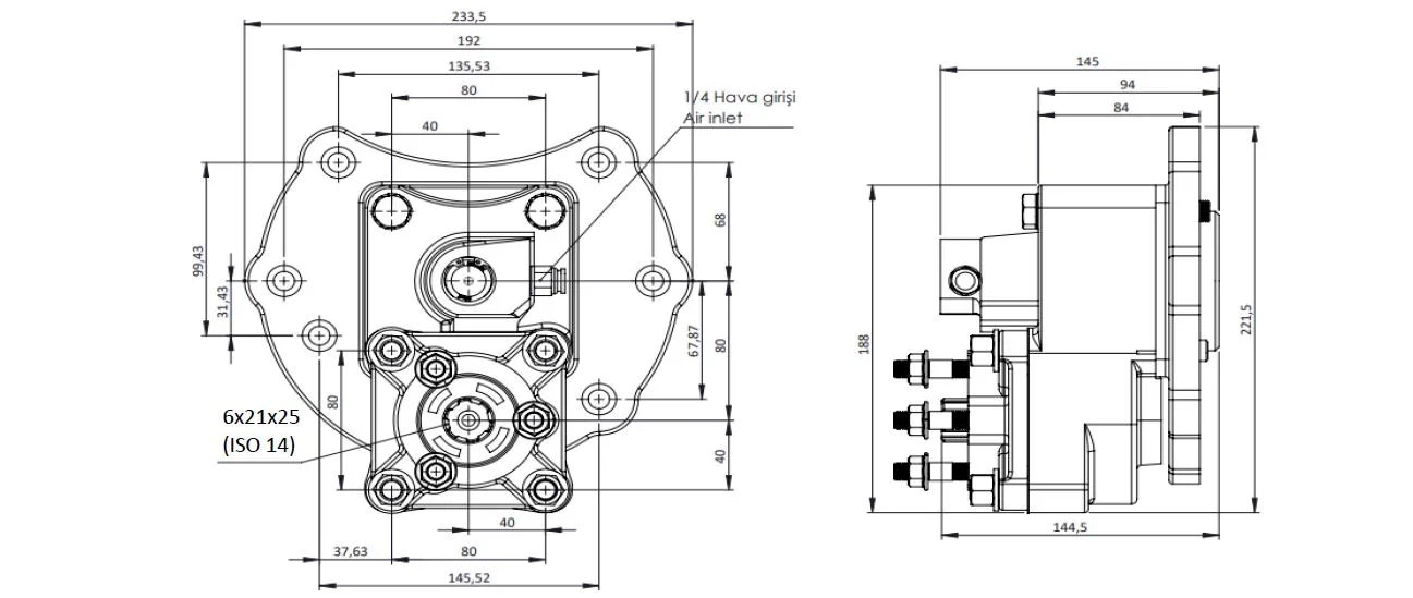 CTM 087 AE PTO teknik çizimi — kesit, ölçü ve montaj şeması