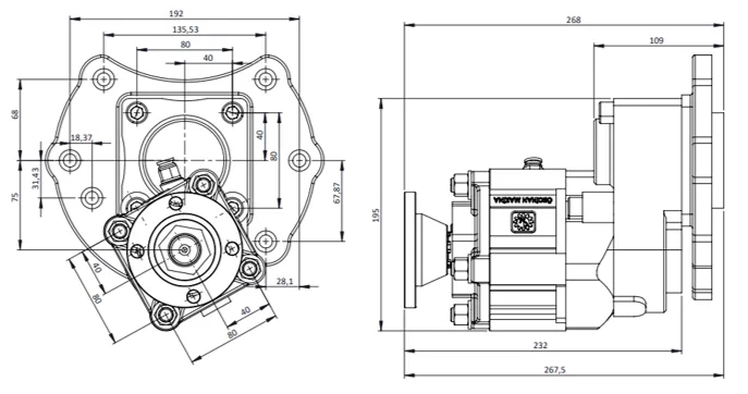 CTM 087 AD1 S PTO teknik çizimi — kesit, ölçü ve montaj şeması