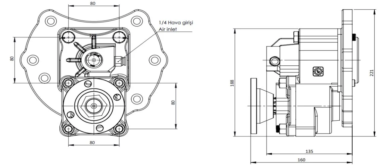 CTM 087 AD1 PTO teknik çizimi — kesit, ölçü ve montaj şeması
