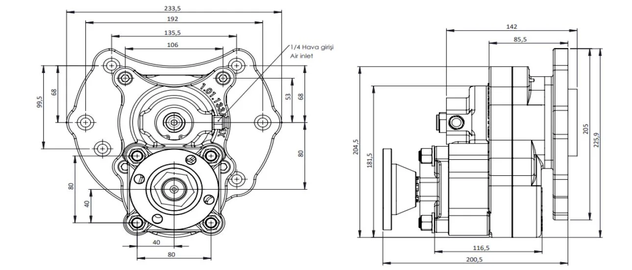 CTM 087 AD1 4X PTO teknik çizimi — kesit, ölçü ve montaj şeması