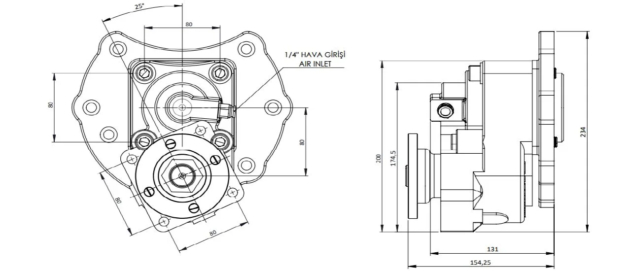 CTM 087 AD1 3X PTO teknik çizimi — kesit, ölçü ve montaj şeması
