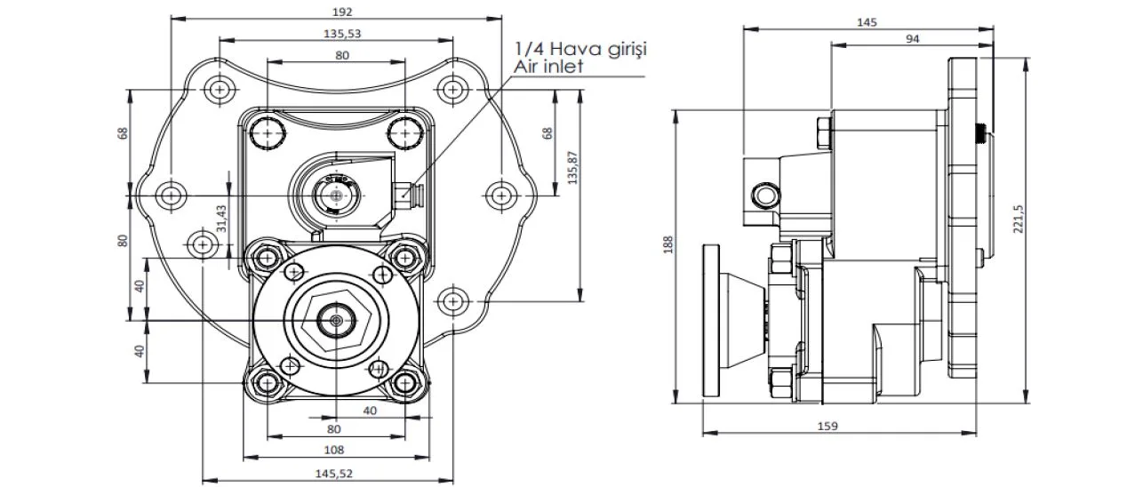 CTM 087 AD PTO teknik çizimi — kesit, ölçü ve montaj şeması