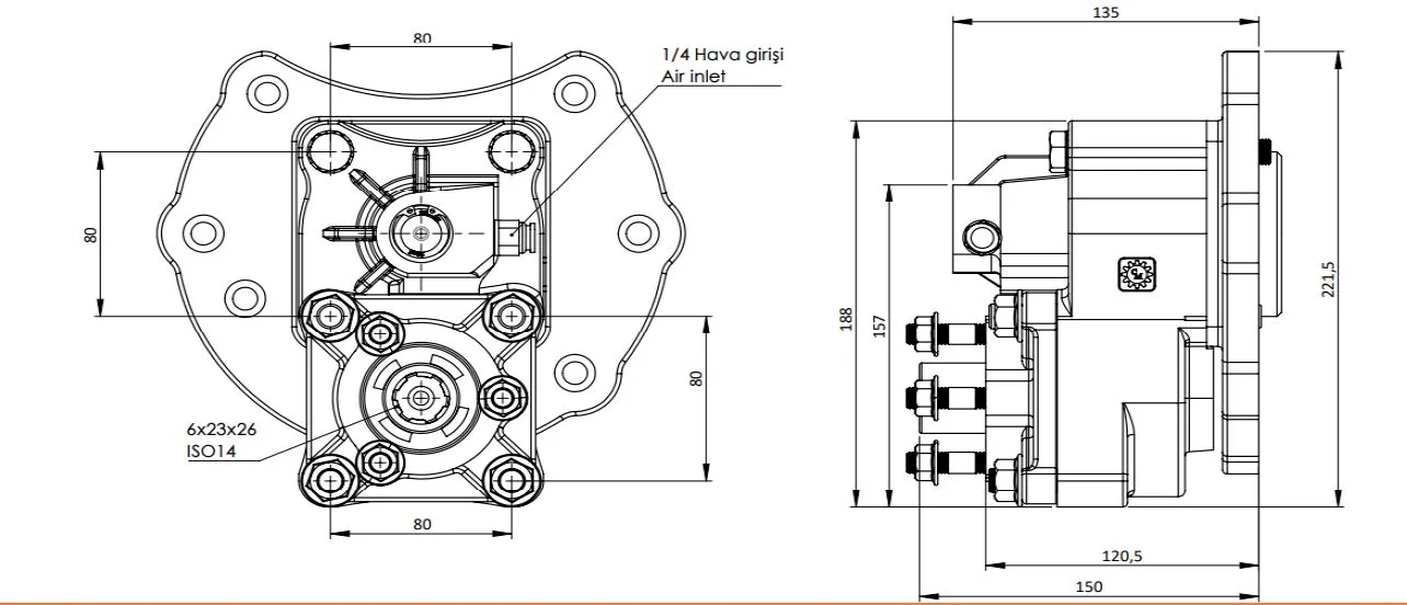 CTM 087 AC2 PTO teknik çizimi — kesit, ölçü ve montaj şeması