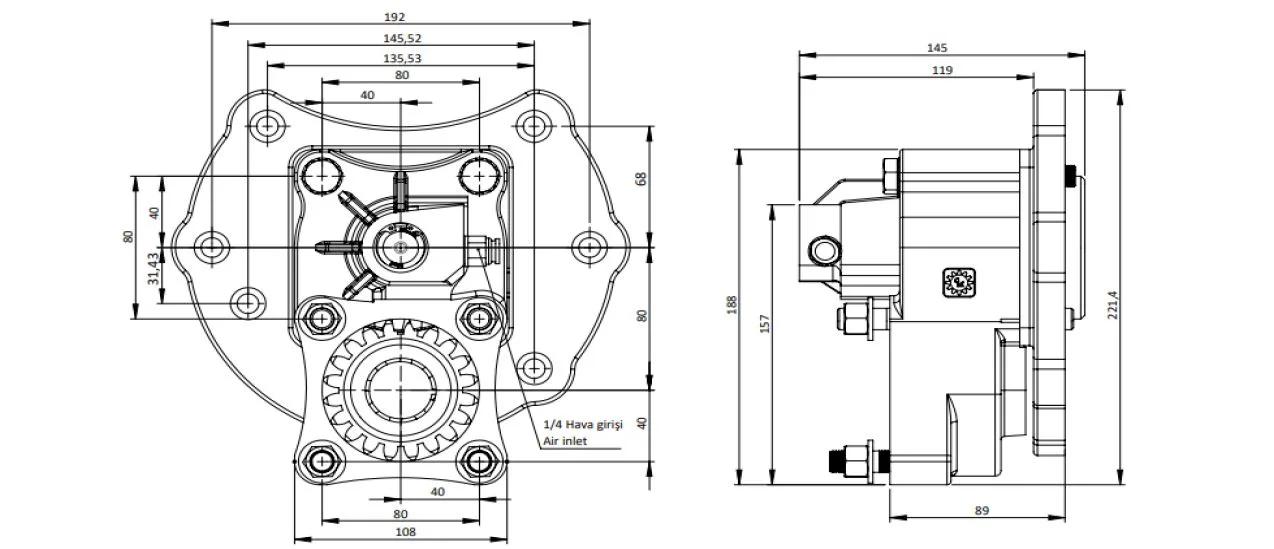 CTM 087 AC1 PTO teknik çizimi — kesit, ölçü ve montaj şeması