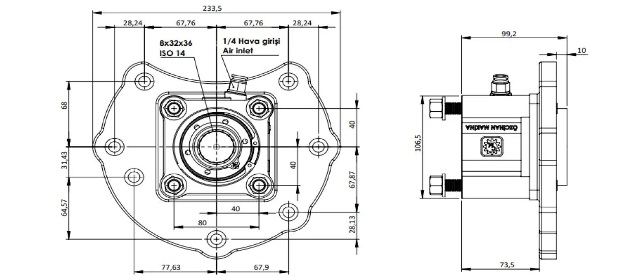 CTM 087 AC1 T PTO teknik çizimi — kesit, ölçü ve montaj şeması