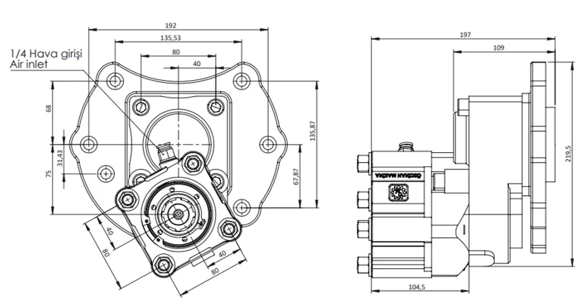 CTM 087 AC1 S PTO teknik çizimi — kesit, ölçü ve montaj şeması