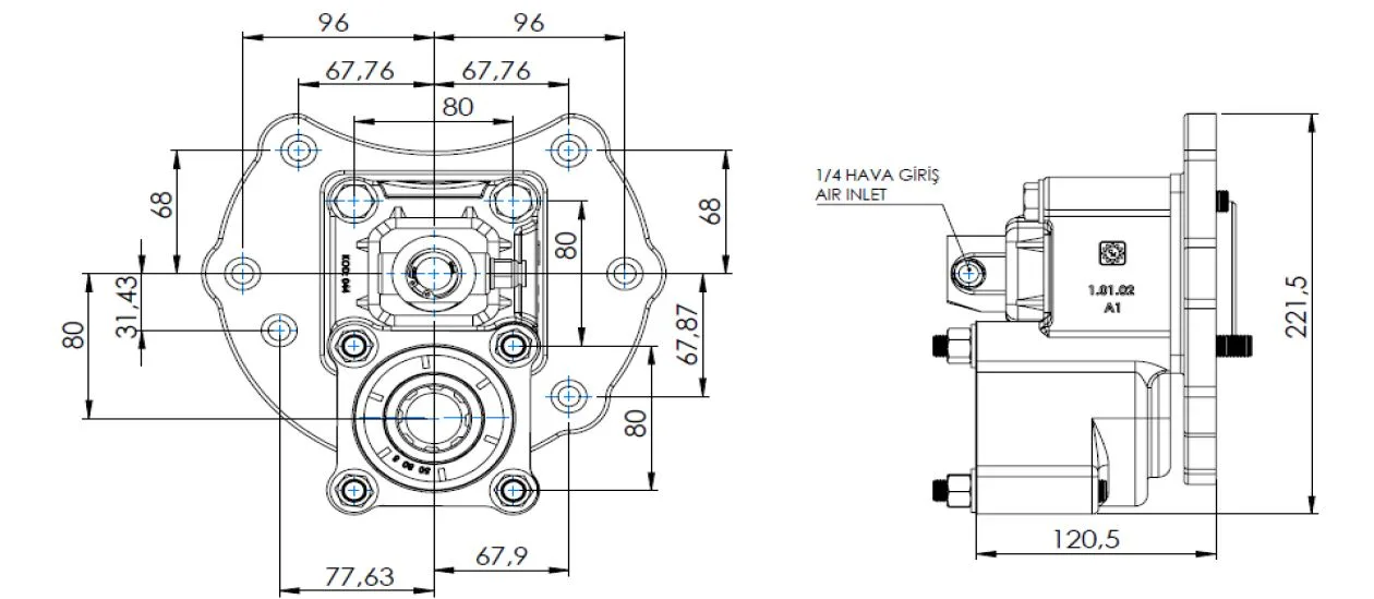 CTM 087 A1 PTO teknik çizimi — kesit, ölçü ve montaj şeması