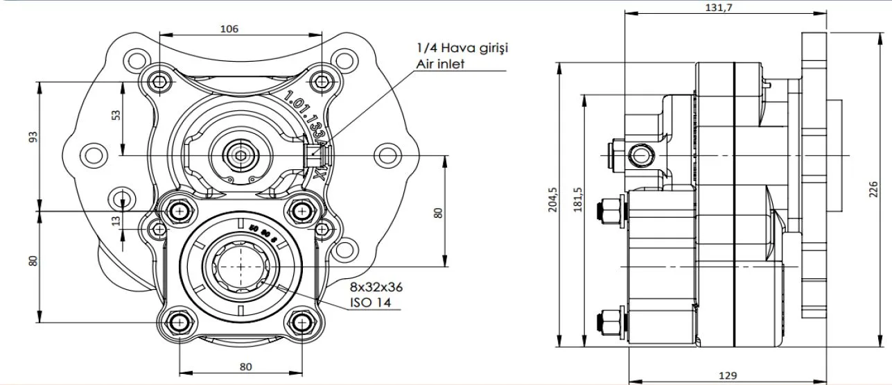 CTM 087 A1 4X PTO teknik çizimi — kesit, ölçü ve montaj şeması