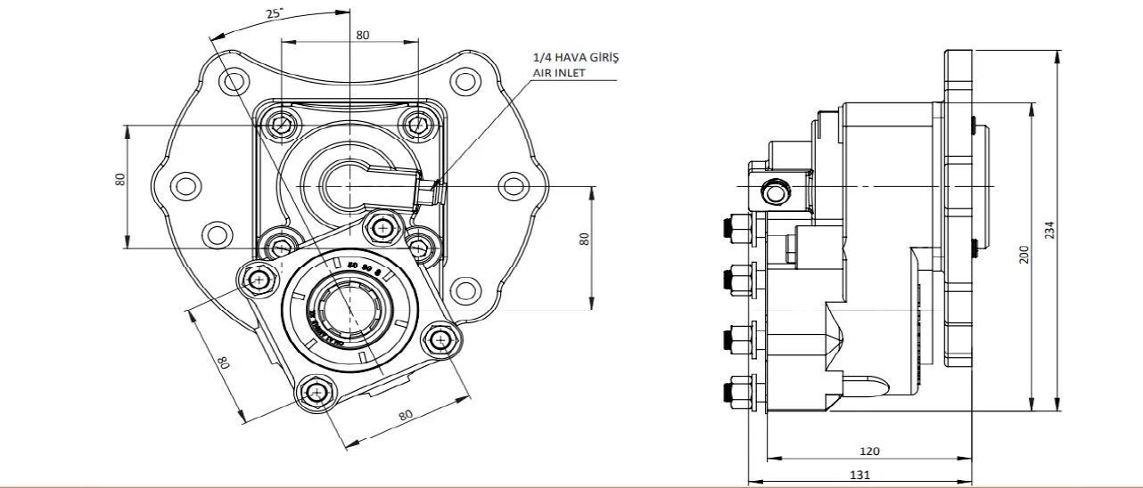 CTM 087 A1 3X PTO teknik çizimi — kesit, ölçü ve montaj şeması
