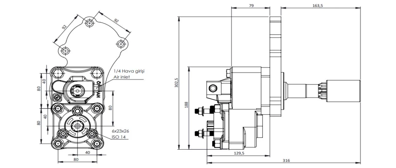 CTM 088 AE PTO teknik çizimi — kesit, ölçü ve montaj şeması