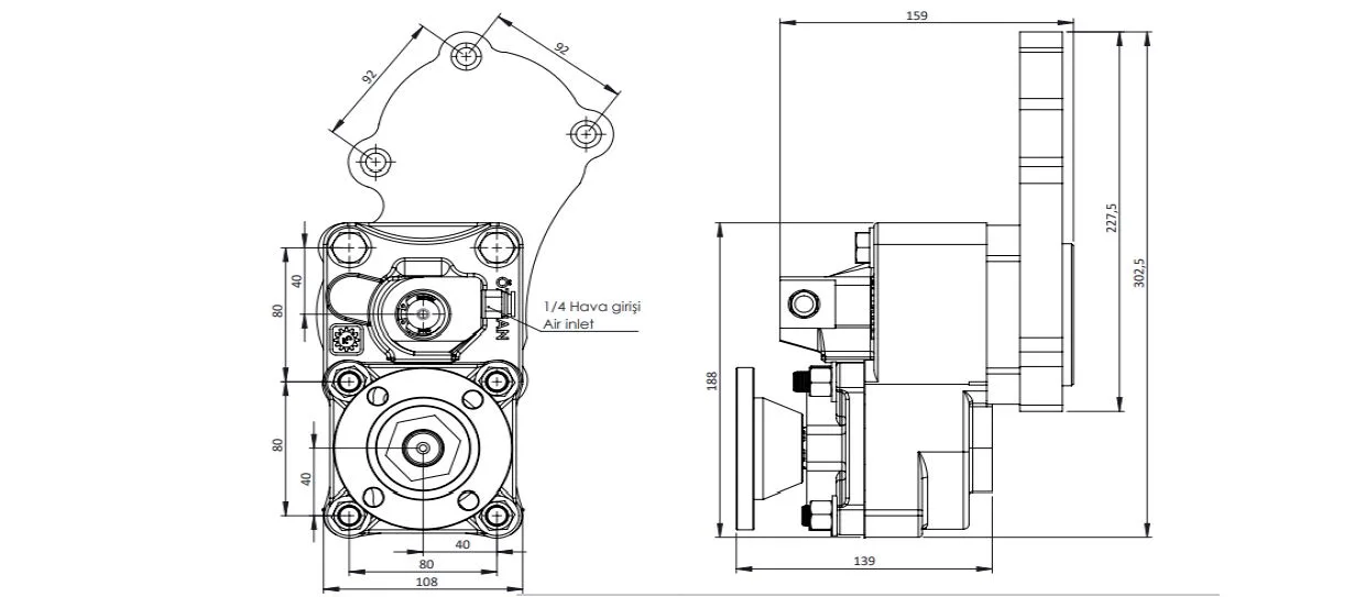 CTM 088 AD PTO teknik çizimi — kesit, ölçü ve montaj şeması