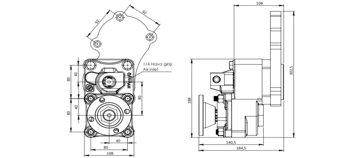 CTM 088 AD1 PTO teknik çizimi — kesit, ölçü ve montaj şeması