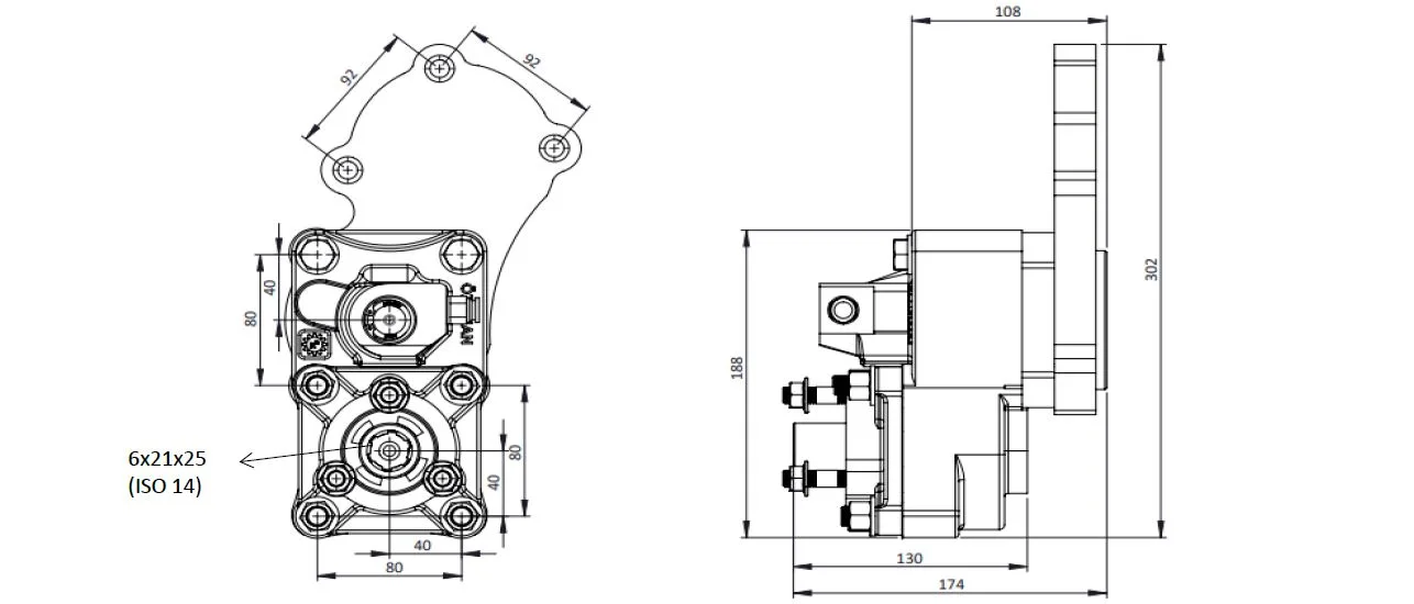 CTM 088 AC2 PTO teknik çizimi — kesit, ölçü ve montaj şeması