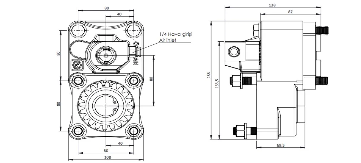 CTM 088 AC1 PTO teknik çizimi — kesit, ölçü ve montaj şeması