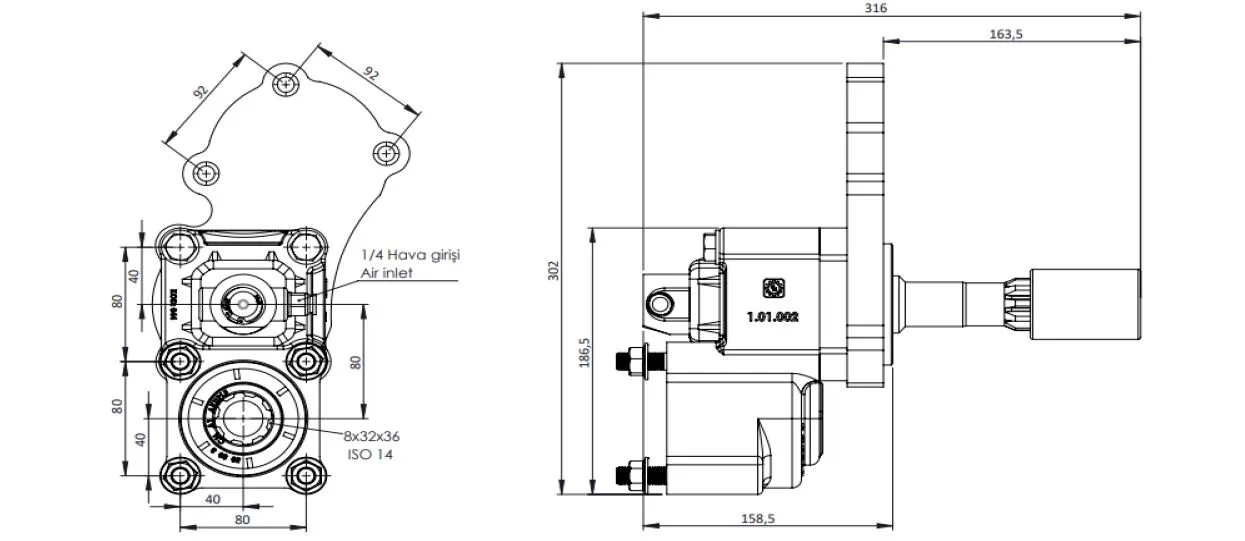 CTM 088 A1 PTO teknik çizimi — kesit, ölçü ve montaj şeması